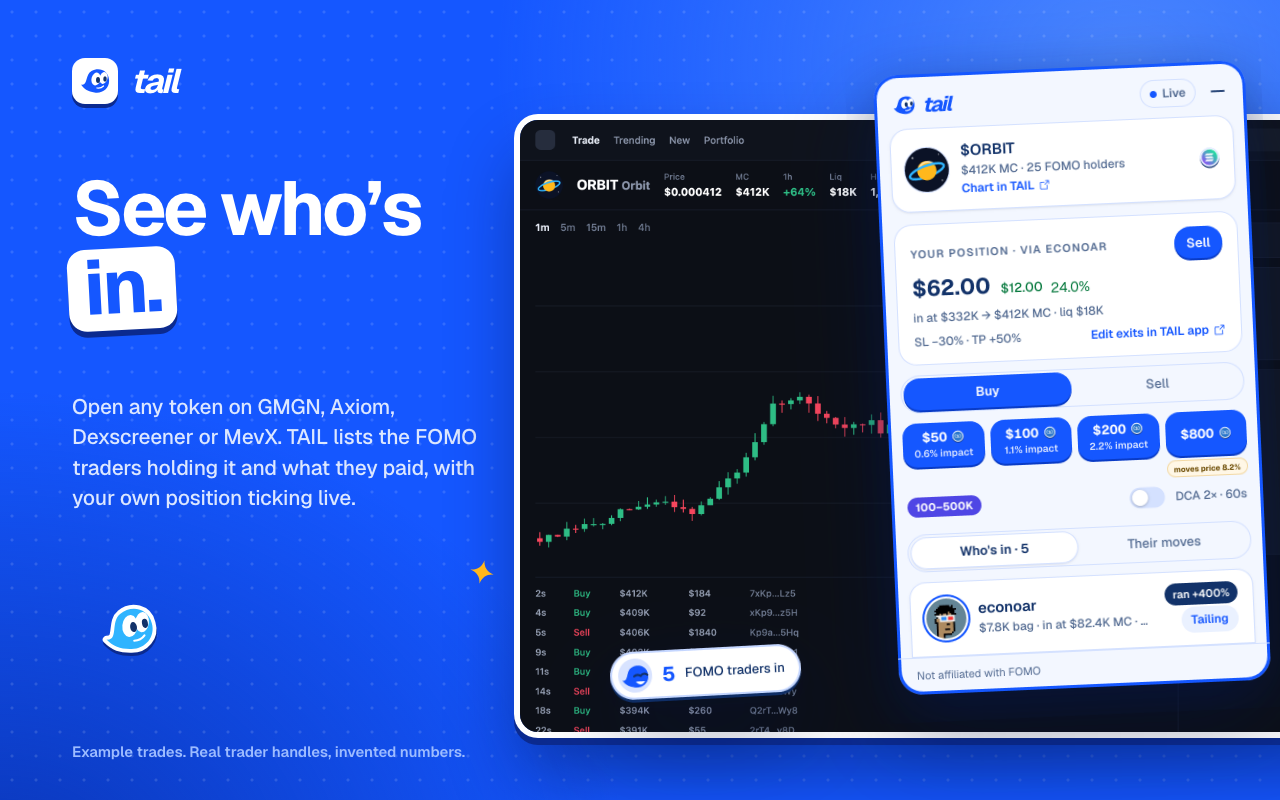 TAIL on a token chart: five FOMO traders in, what each paid, your position, and one-tap buy and sell.
